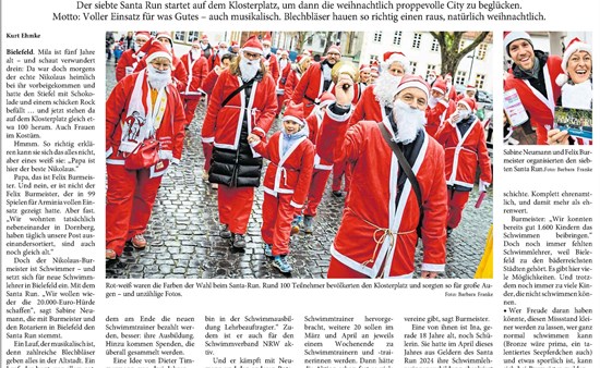 Sorgt jedes Jahr für Aufsehen in der Stadt – der Santa Run. Auch die Neue Westfälische berichtete wieder (08.12.2025).